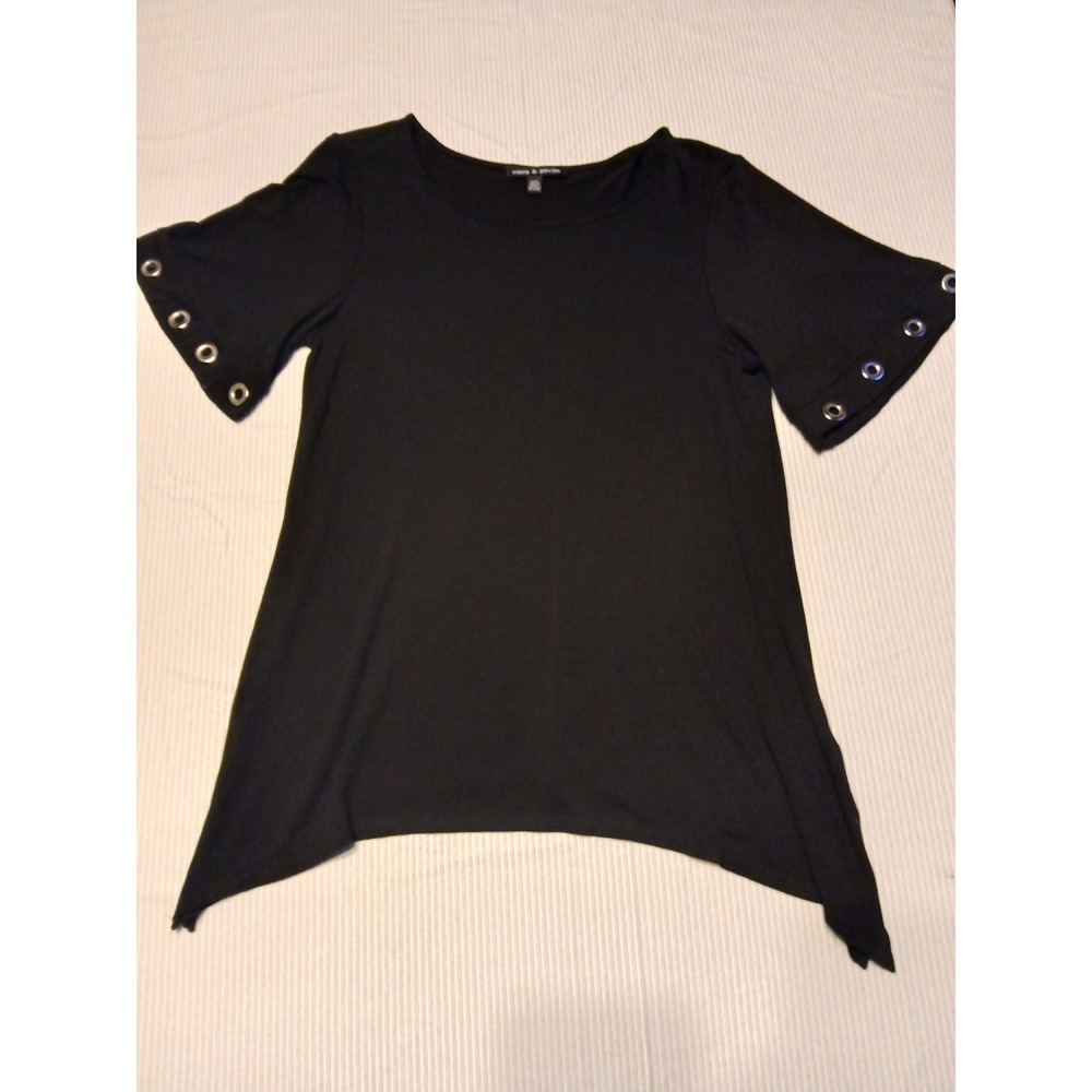 Cable & Gauge Black Sharkbite Hem Top Grommet Sleeve Knit Shirt Womens Sz Medium